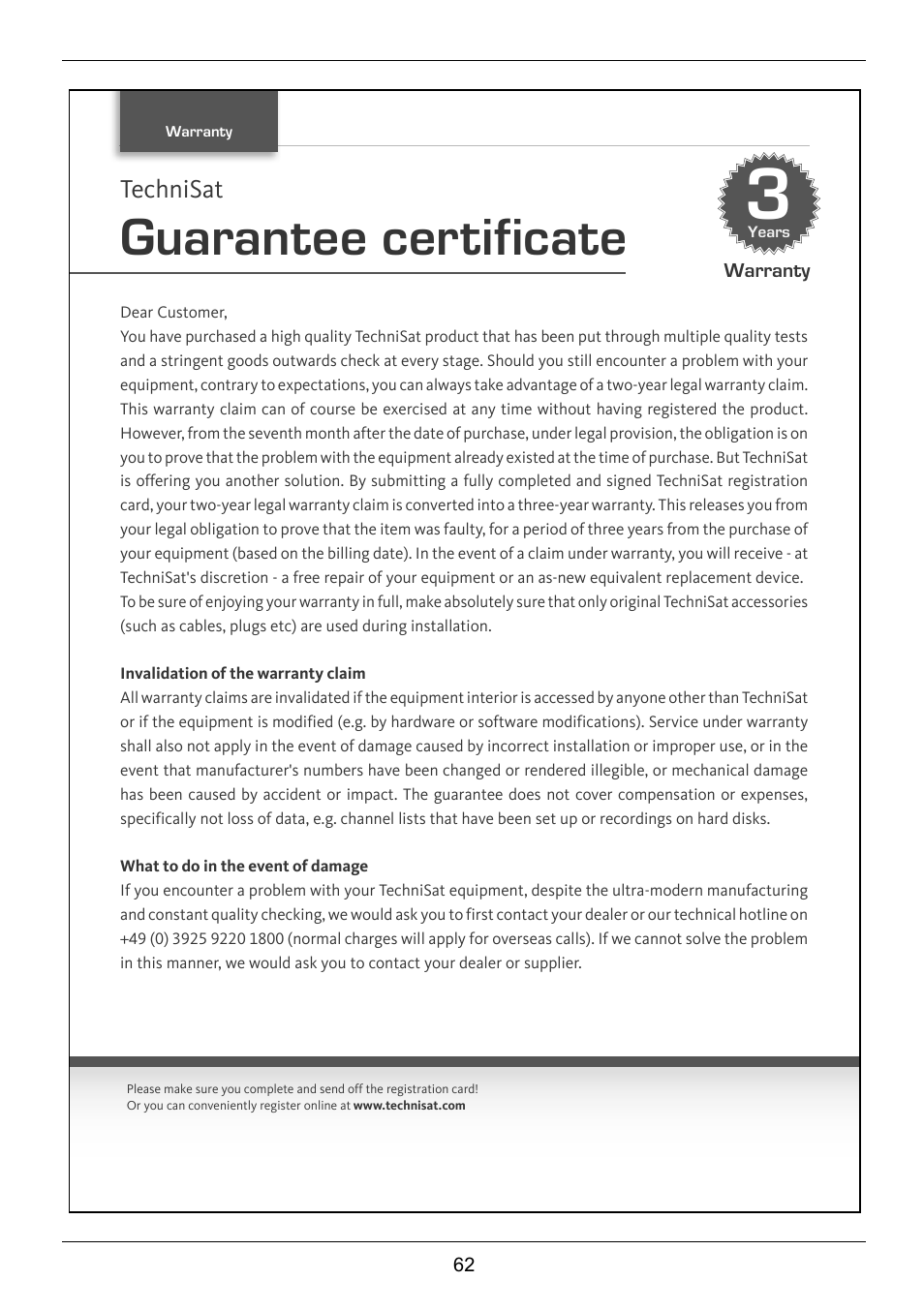 Guarantee certificate | TechniSat TechniCorder ISIO STC User Manual | Page 62 / 64