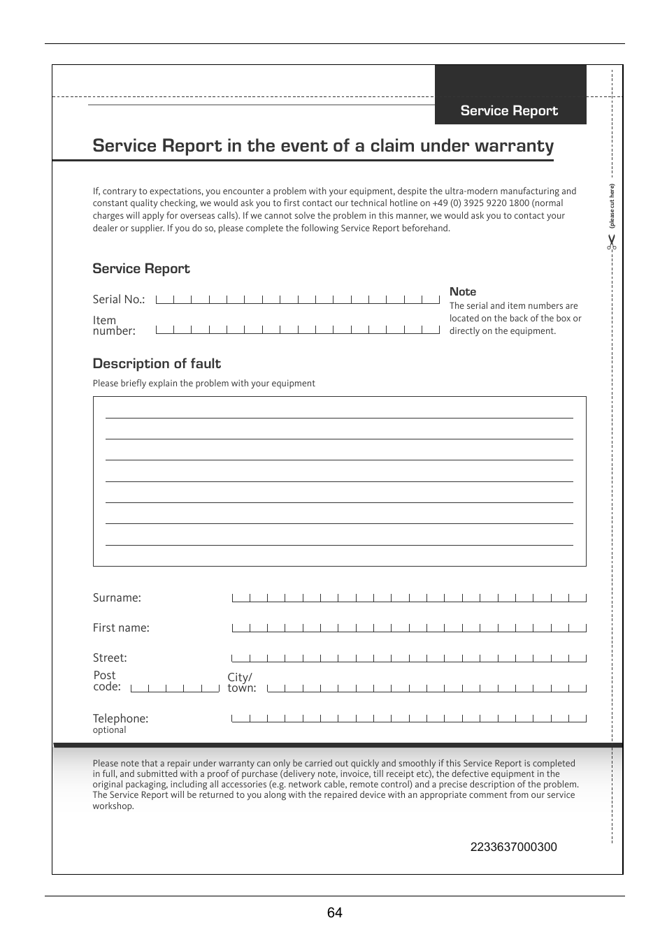 Service report, Service report description of fault | TechniSat TechniCorder ISIO STC User Manual | Page 64 / 64