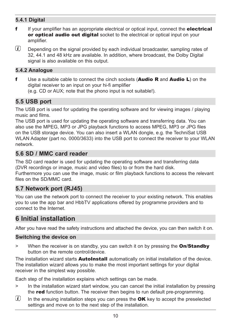 6 initial installation, 5 usb port, 6 sd / mmc card reader | 7 network port (rj45) | TechniSat DIGIT ISIO S User Manual | Page 10 / 48