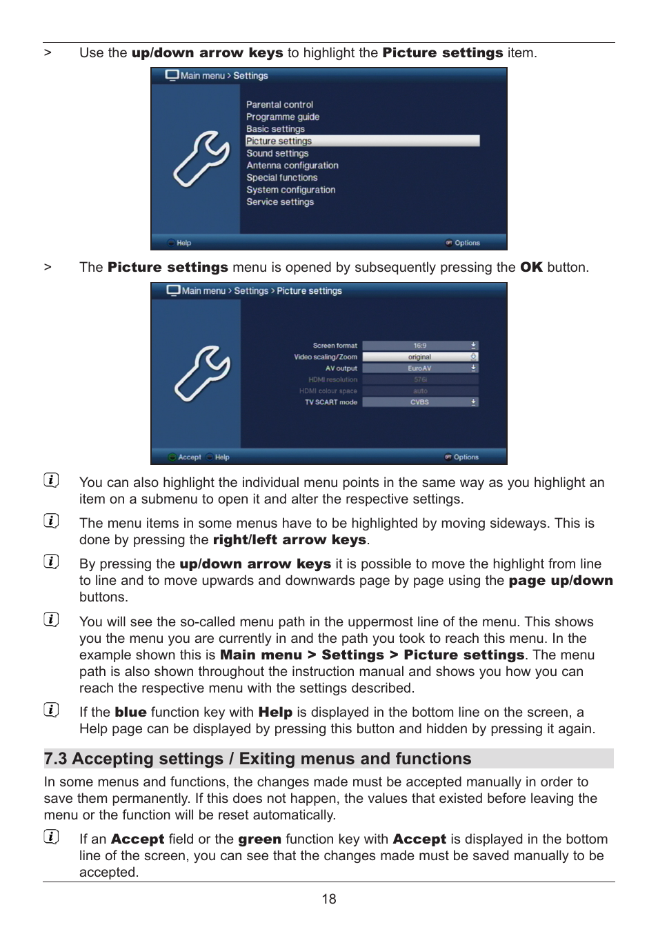 3 accepting settings / exiting menus and functions | TechniSat DIGIT ISIO S User Manual | Page 18 / 48