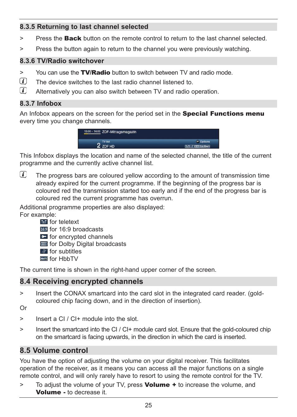 4 receiving encrypted channels, 5 volume control | TechniSat DIGIT ISIO S User Manual | Page 25 / 48