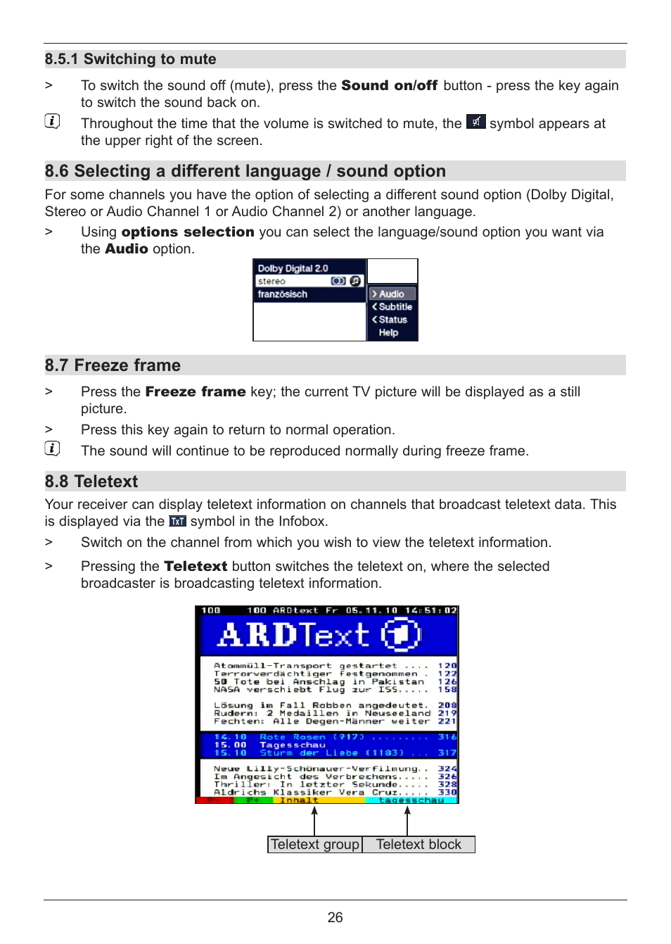 6 selecting a different language / sound option, 7 freeze frame, 8 teletext | TechniSat DIGIT ISIO S User Manual | Page 26 / 48