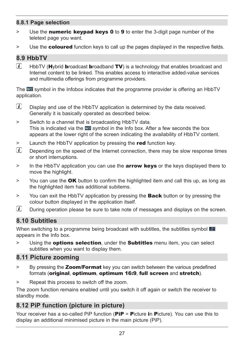 9 hbbtv, 10 subtitles, 11 picture zooming | 12 pip function (picture in picture) | TechniSat DIGIT ISIO S User Manual | Page 27 / 48