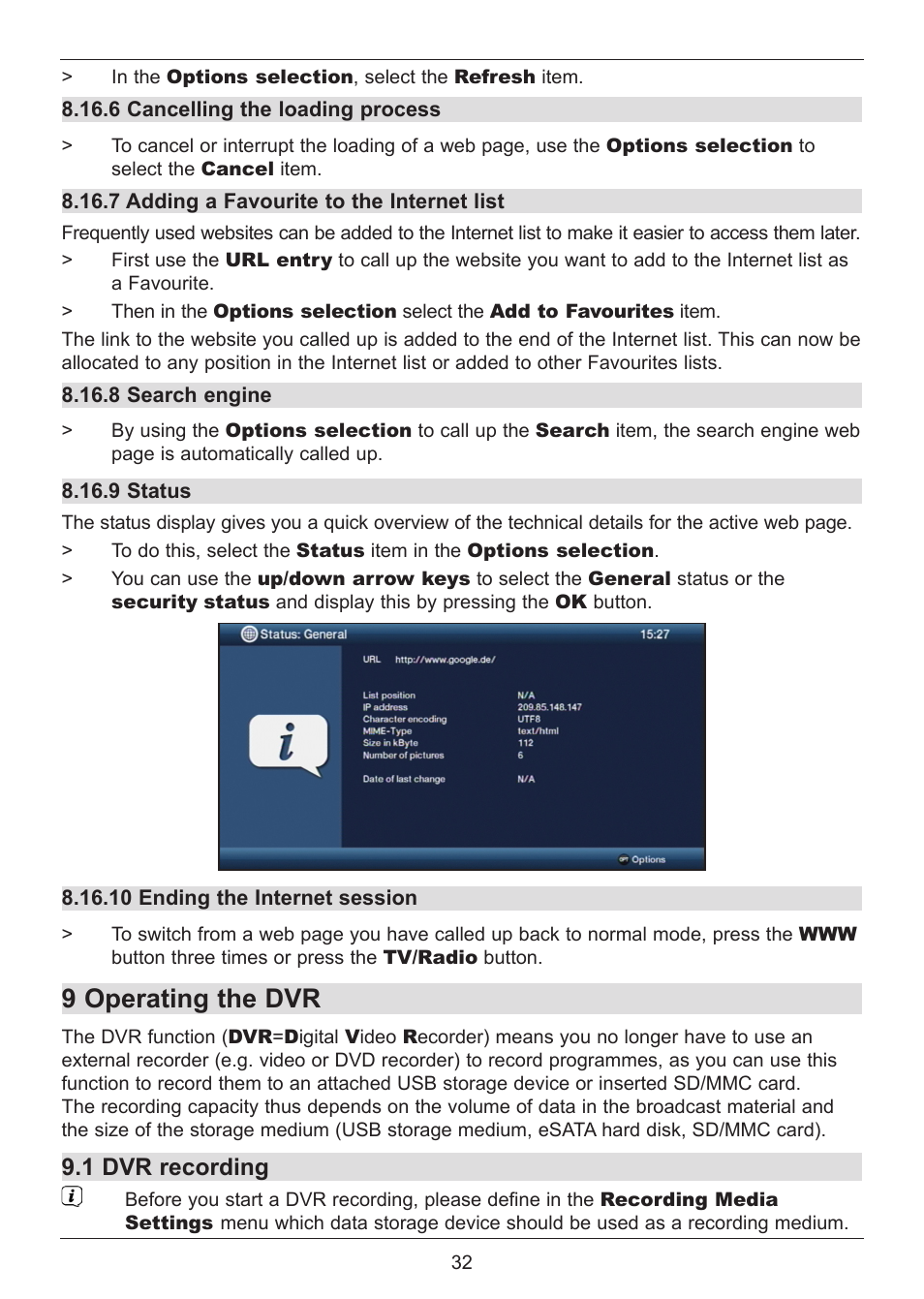 9 operating the dvr, 1 dvr recording | TechniSat DIGIT ISIO S User Manual | Page 32 / 48