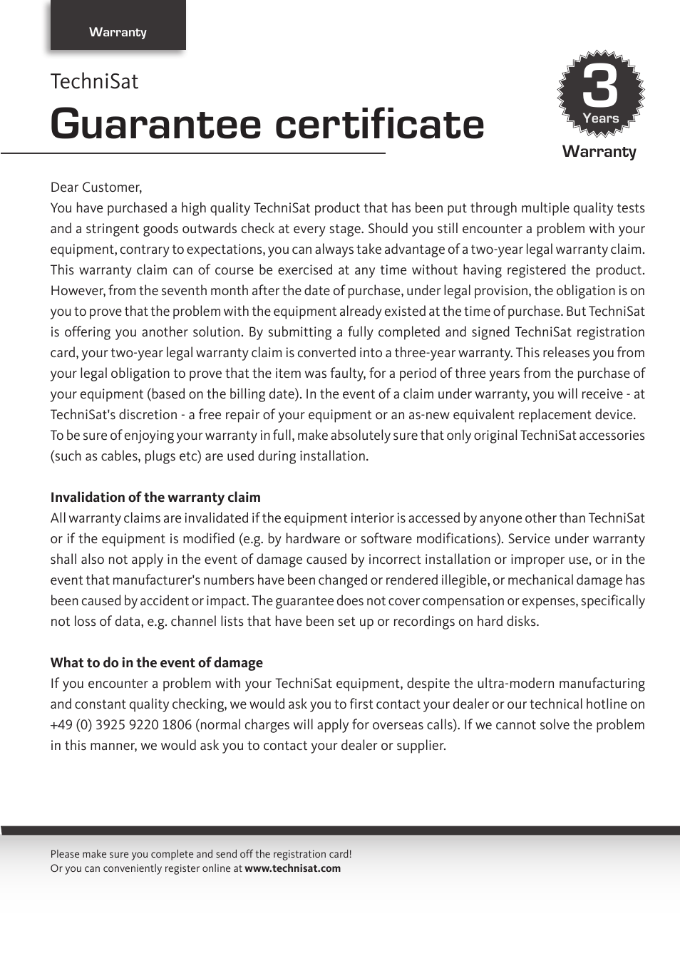 Guarantee certificate, Making a claim under warranty, Technisat | TechniSat DIGIT ISIO S User Manual | Page 42 / 48