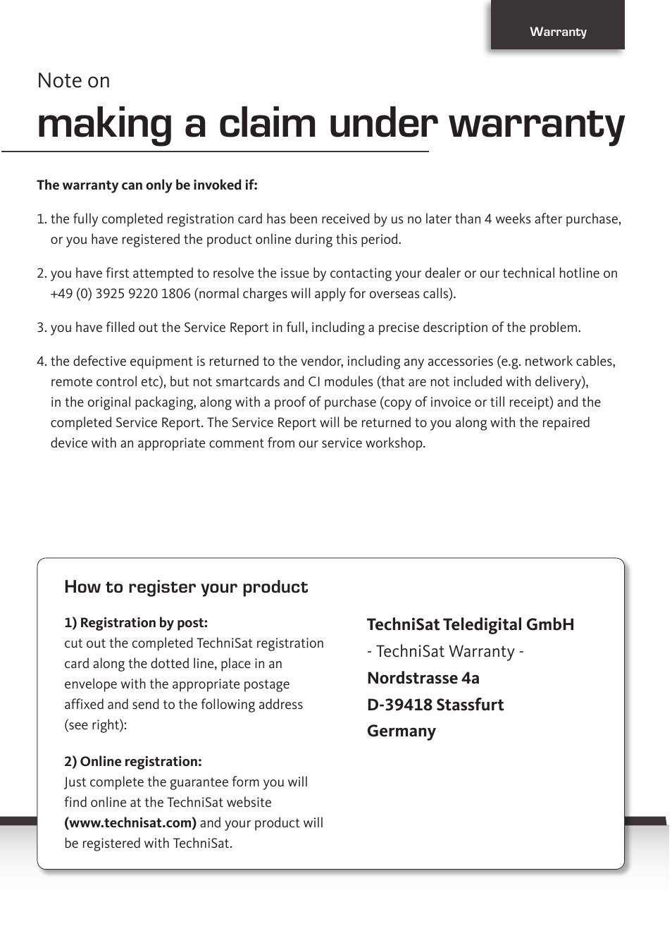 Guarantee certificate, Making a claim under warranty, Technisat | TechniSat DIGIT ISIO S User Manual | Page 43 / 48