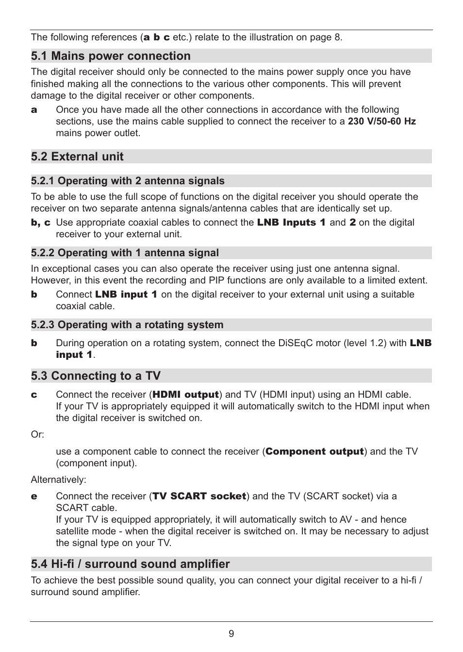 1 mains power connection, 2 external unit, 3 connecting to a tv | 4 hi-fi / surround sound amplifier | TechniSat DIGIT ISIO S User Manual | Page 9 / 48