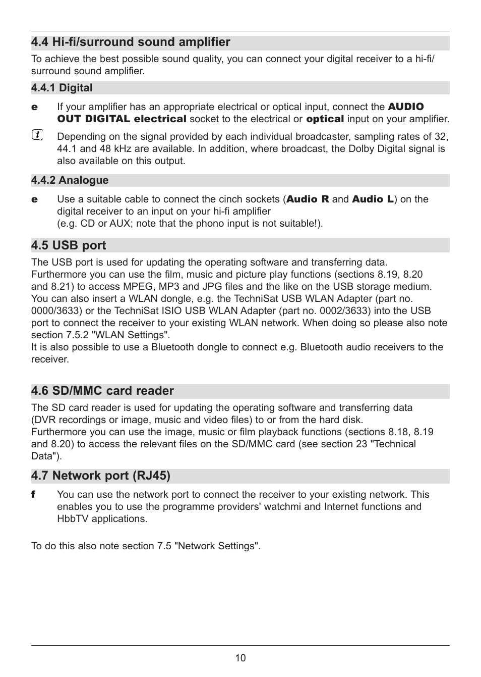 4 hi-fi/surround sound amplifier, 5 usb port, 6 sd/mmc card reader | 7 network port (rj45) | TechniSat DIGIT ISIO S2 User Manual | Page 10 / 48