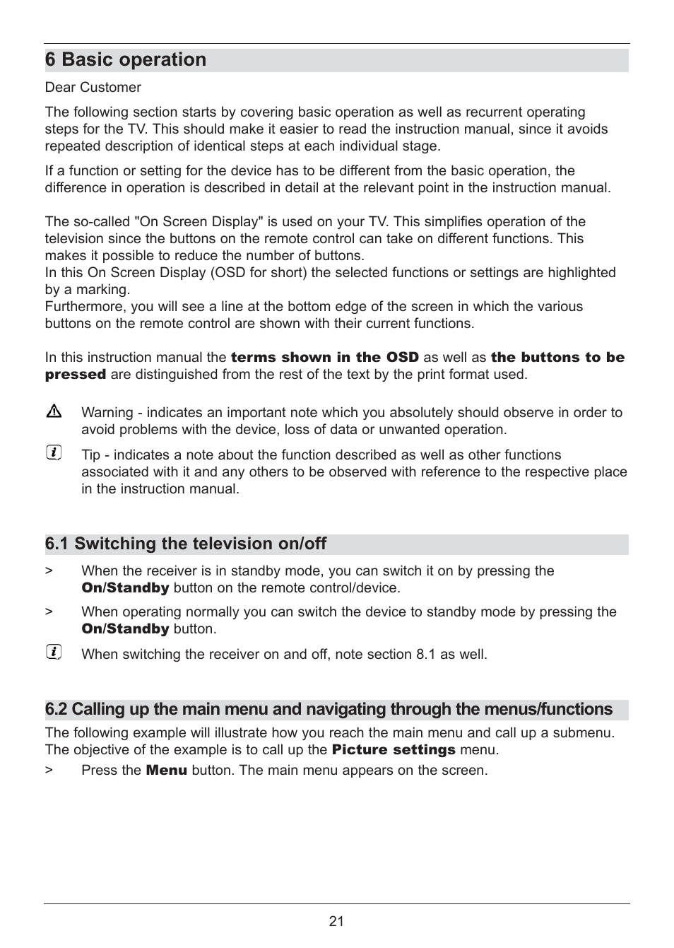 6 basic operation, 1 switching the television on/off | TechniSat DIGIT ISIO S2 User Manual | Page 21 / 48