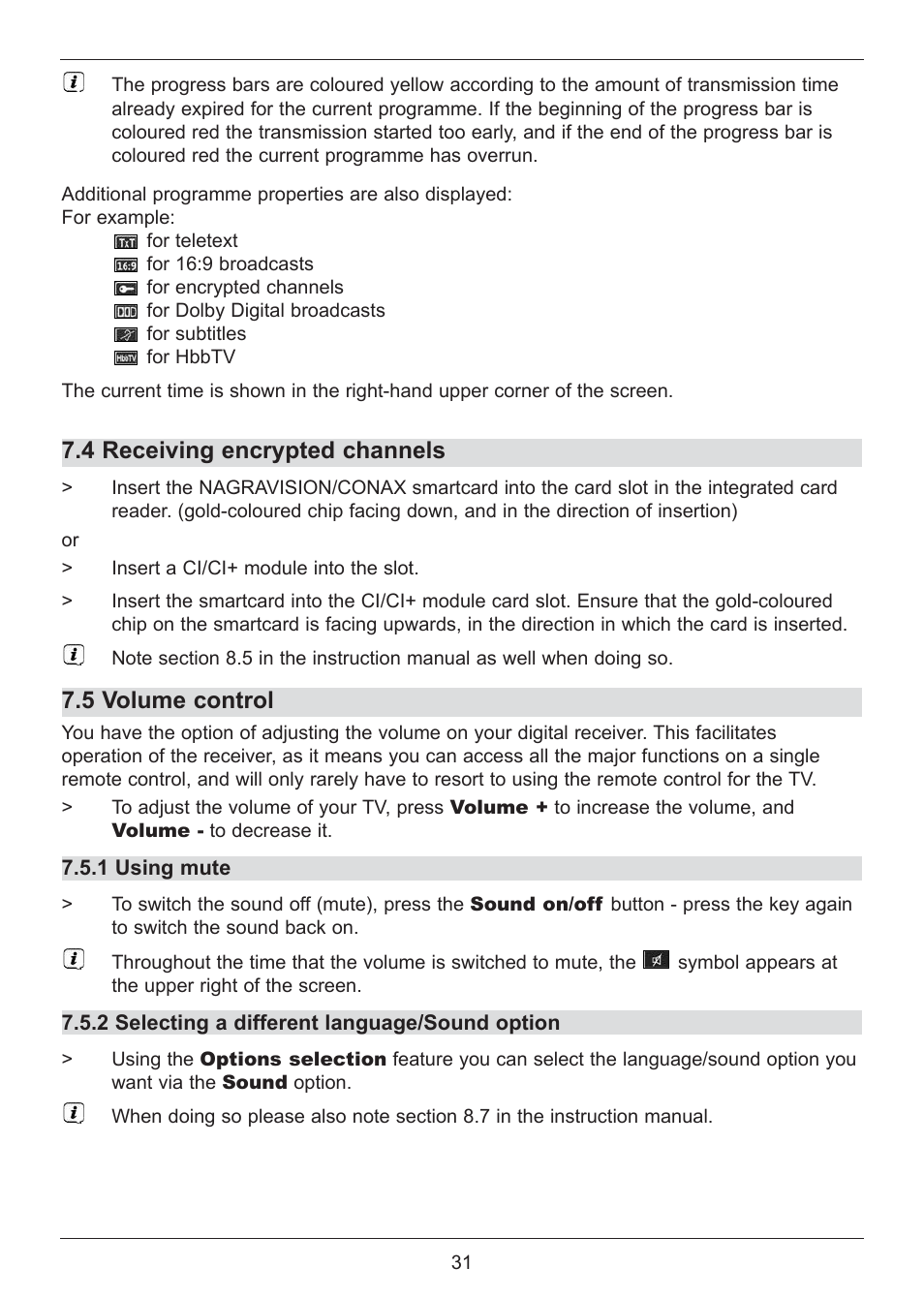 4 receiving encrypted channels, 5 volume control, 4 empfang von verschlüsselten programmen | 5 lautstärkeregelung | TechniSat DIGIT ISIO S2 User Manual | Page 31 / 48