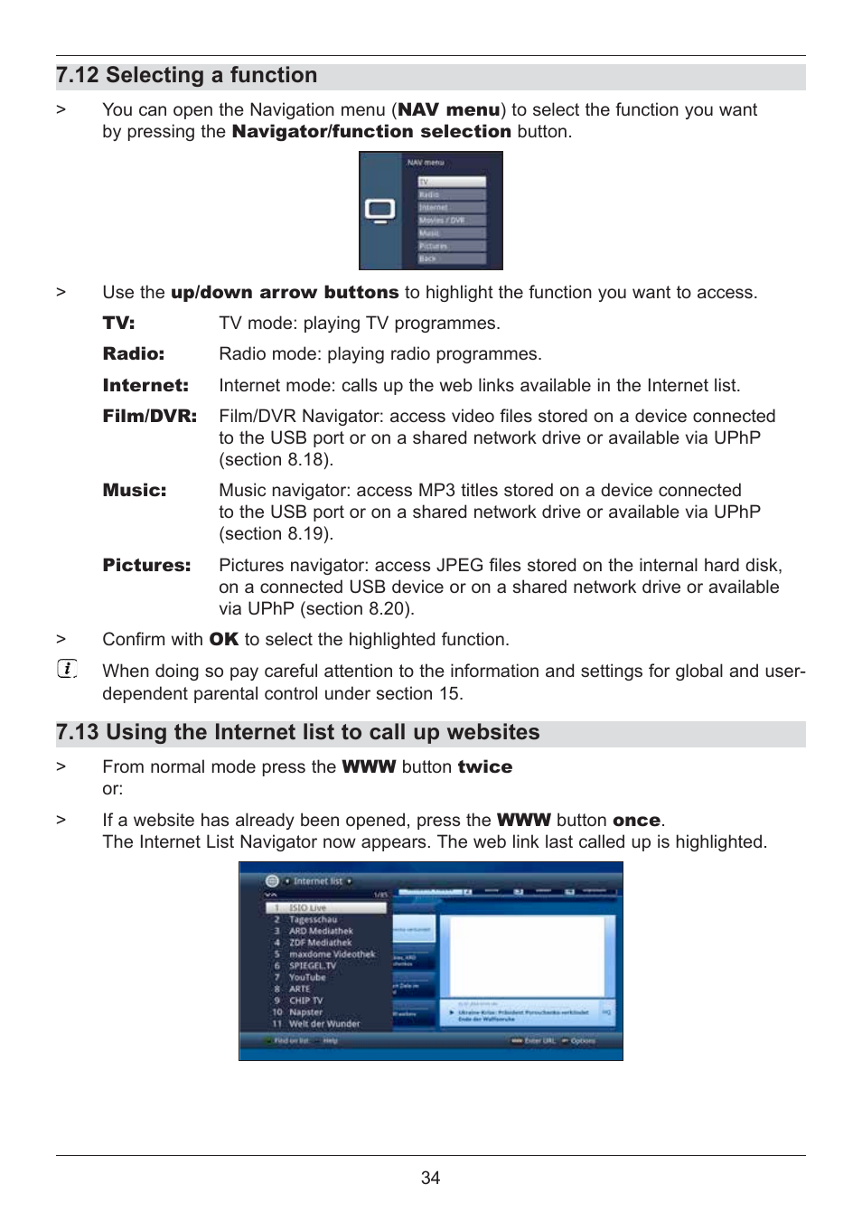 12 selecting a function, 13 using the internet list to call up websites | TechniSat DIGIT ISIO S2 User Manual | Page 34 / 48