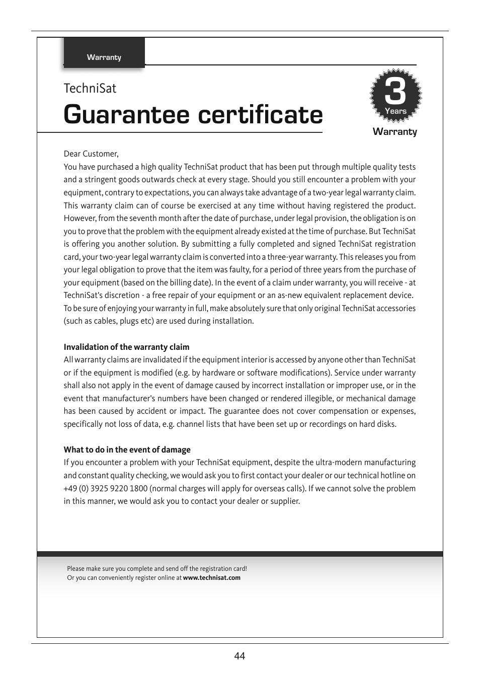 Guarantee certificate | TechniSat DIGIT ISIO S2 User Manual | Page 44 / 48
