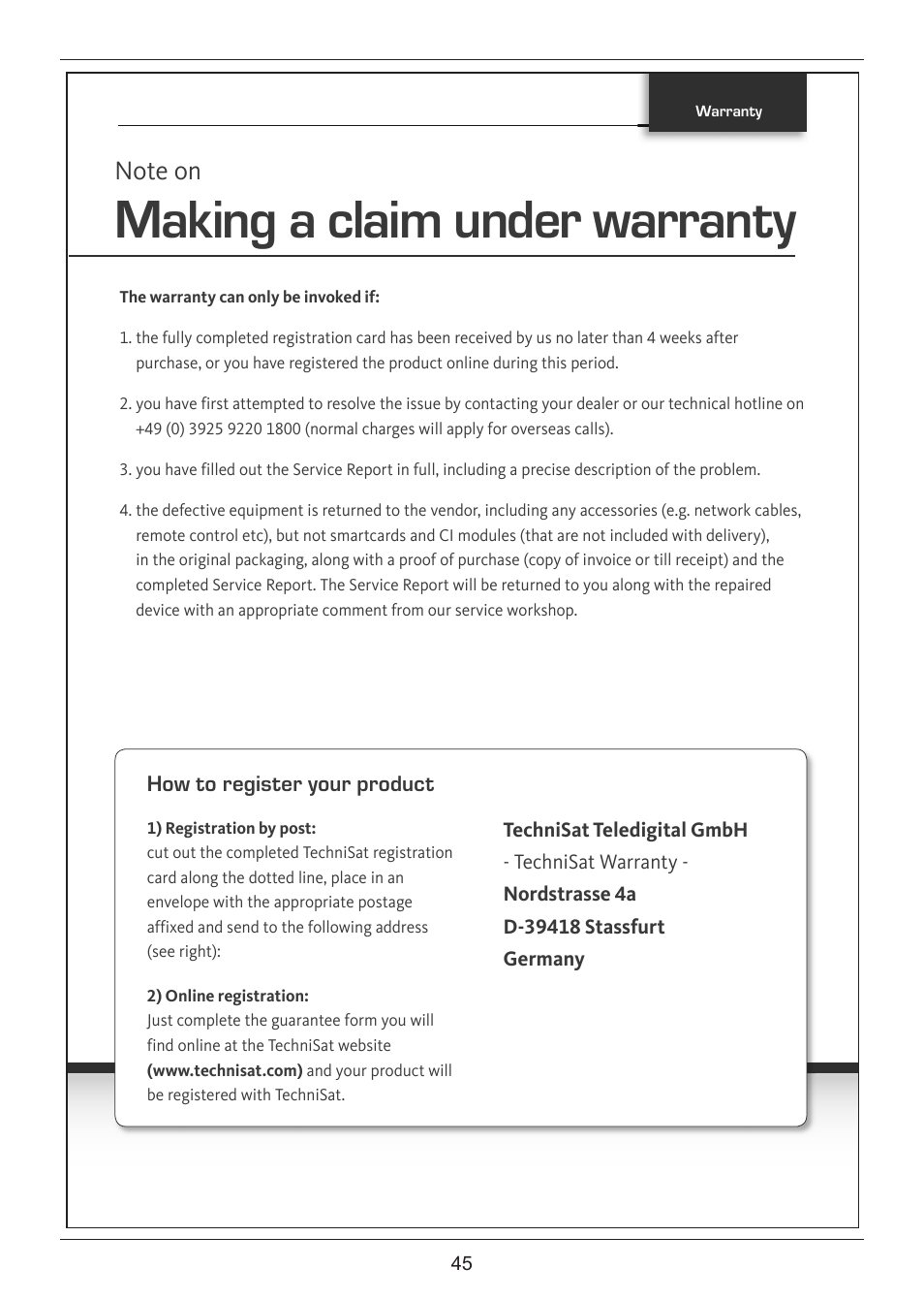 Making a claim under warranty | TechniSat DIGIT ISIO S2 User Manual | Page 45 / 48