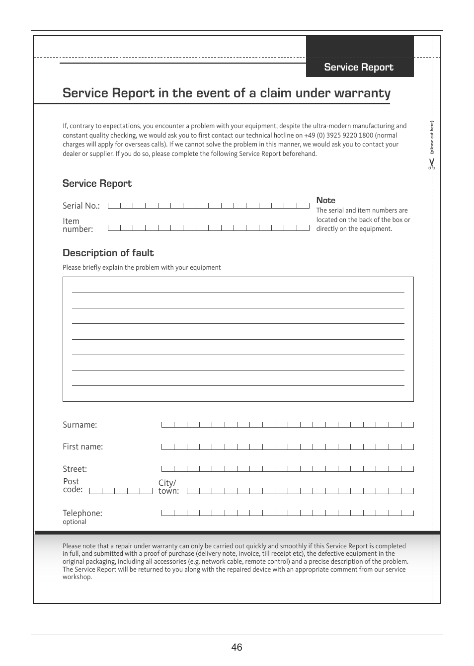 Service report, Service report description of fault | TechniSat DIGIT ISIO S2 User Manual | Page 46 / 48