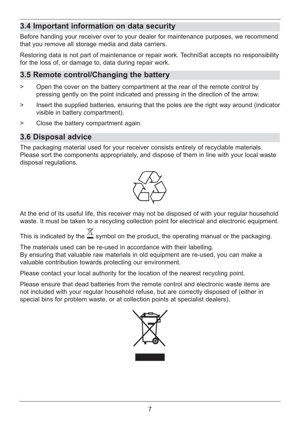 4 important information on data security, 5 remote control/changing the battery, 6 disposal advice | TechniSat DIGIT ISIO S2 User Manual | Page 7 / 48