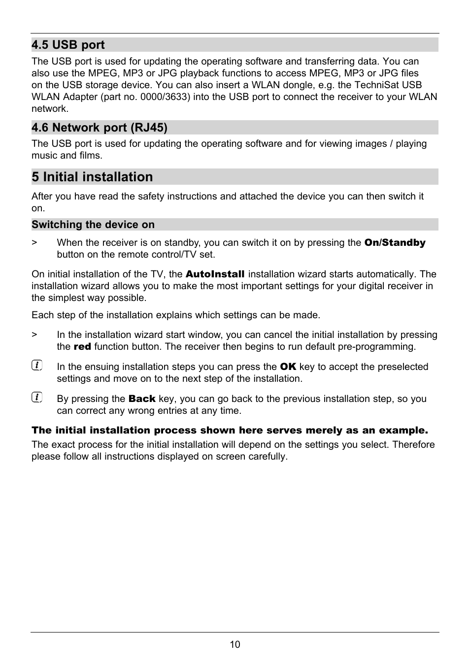 5 initial installation, 5 usb port, 6 network port (rj45) | TechniSat TechniStar S2 User Manual | Page 10 / 48