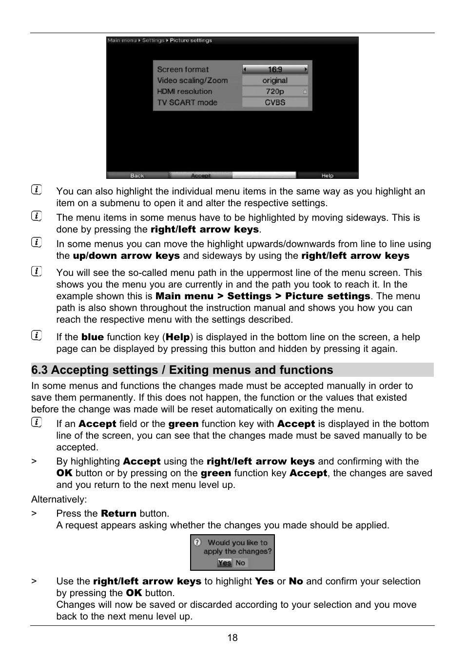 3 accepting settings / exiting menus and functions | TechniSat TechniStar S2 User Manual | Page 18 / 48