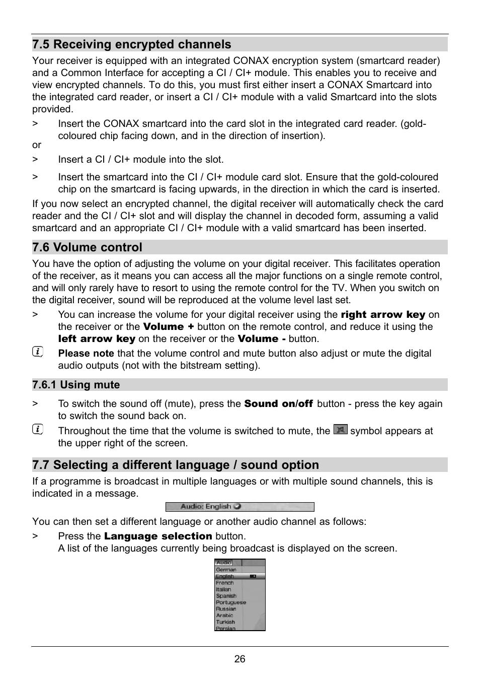5 receiving encrypted channels, 6 volume control, 7 selecting a different language / sound option | TechniSat TechniStar S2 User Manual | Page 26 / 48