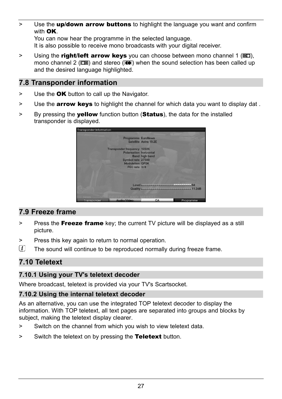 8 transponder information, 9 freeze frame, 10 teletext | TechniSat TechniStar S2 User Manual | Page 27 / 48