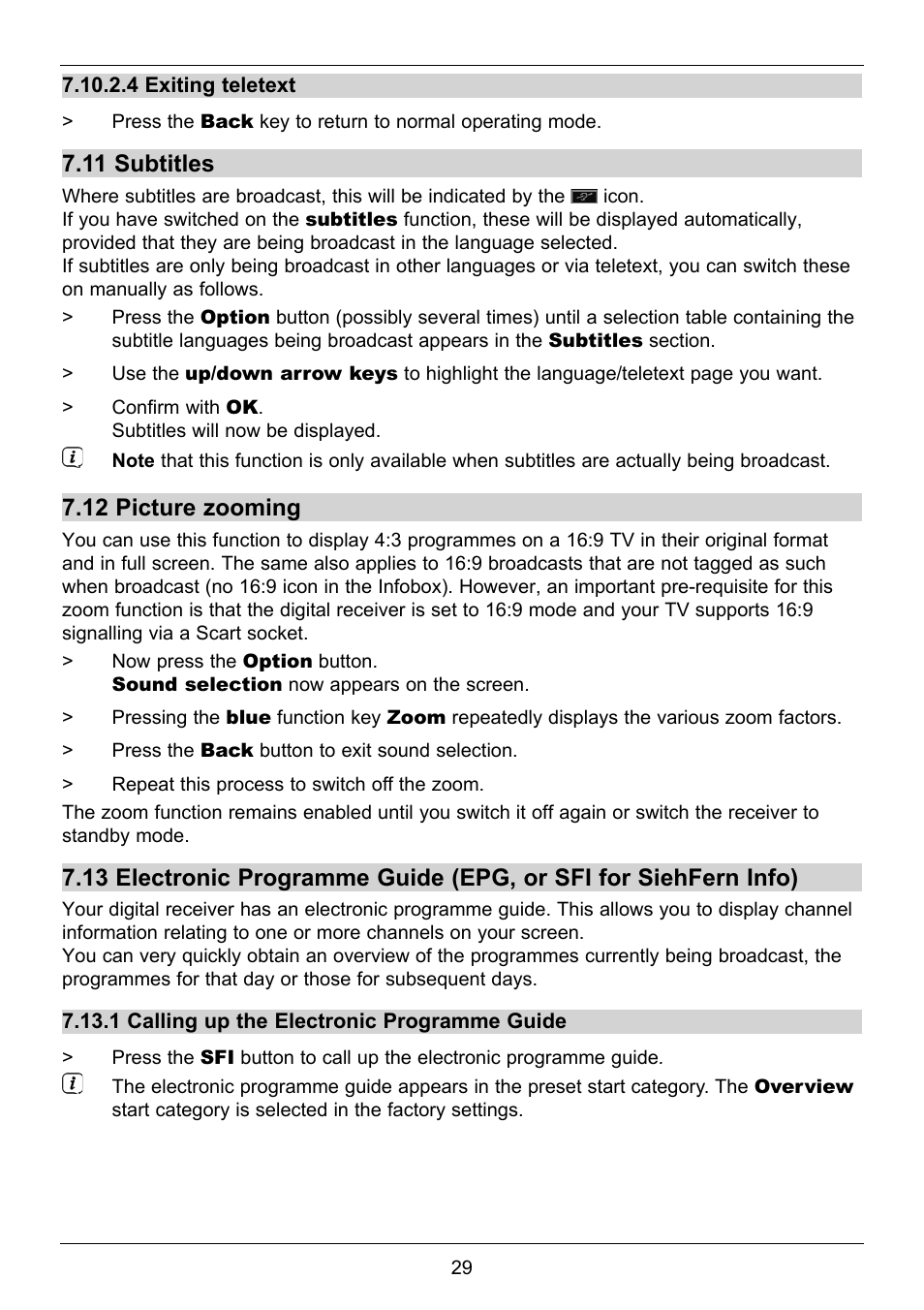11 subtitles, 12 picture zooming | TechniSat TechniStar S2 User Manual | Page 29 / 48