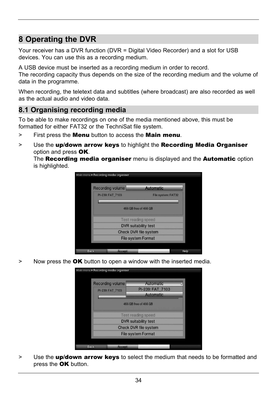 8 operating the dvr, 1 organising recording media | TechniSat TechniStar S2 User Manual | Page 34 / 48