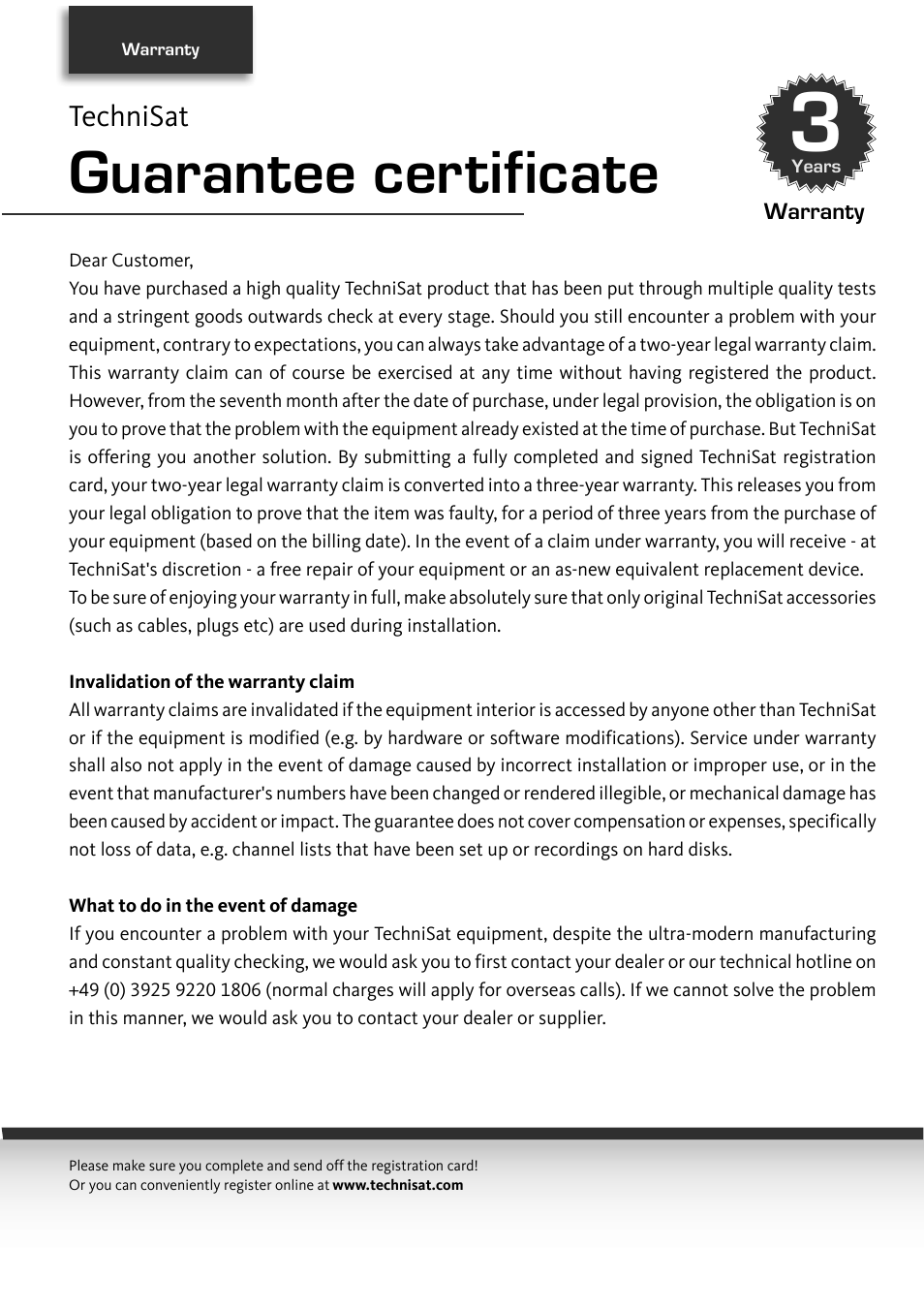 Guarantee certificate | TechniSat TechniStar S2 User Manual | Page 44 / 48