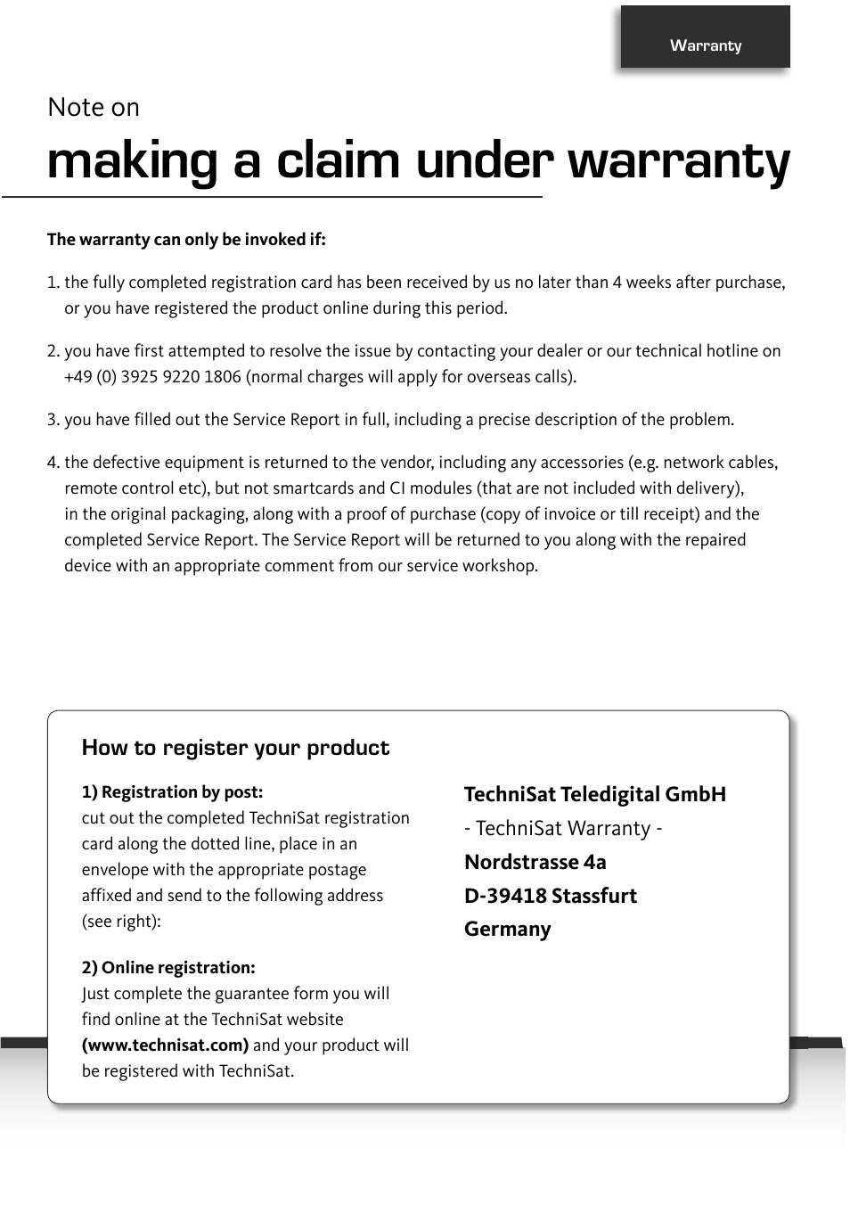 Making a claim under warranty | TechniSat TechniStar S2 User Manual | Page 45 / 48