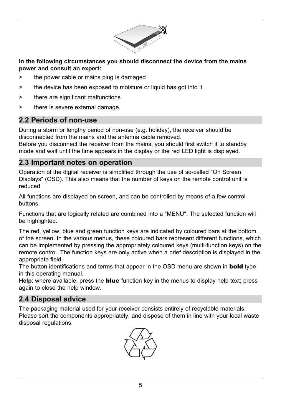 2 periods of non-use, 4 disposal advice | TechniSat TechniStar S2 User Manual | Page 5 / 48