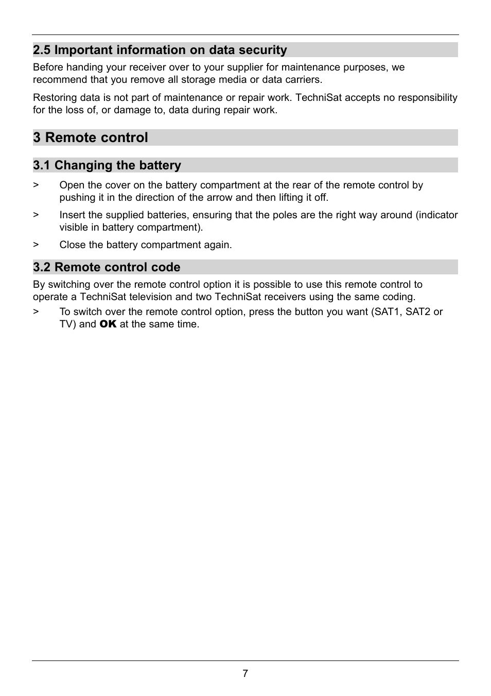 3 remote control, 5 important information on data security, 1 changing the battery | 2 remote control code | TechniSat TechniStar S2 User Manual | Page 7 / 48