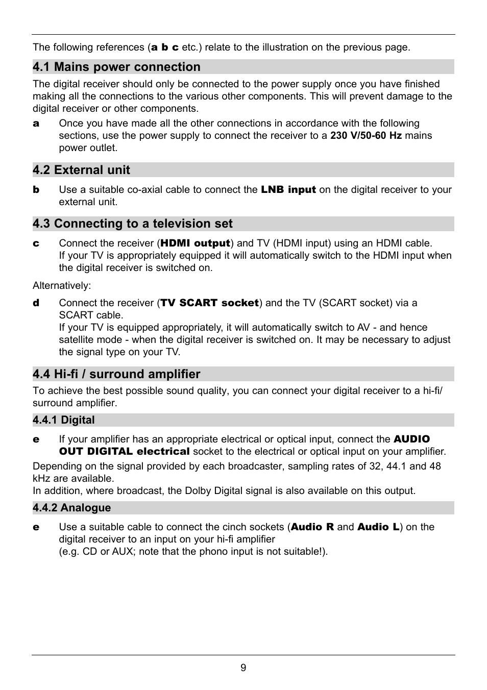 1 mains power connection, 2 external unit, 3 connecting to a television set | 4 hi-fi / surround amplifier | TechniSat TechniStar S2 User Manual | Page 9 / 48