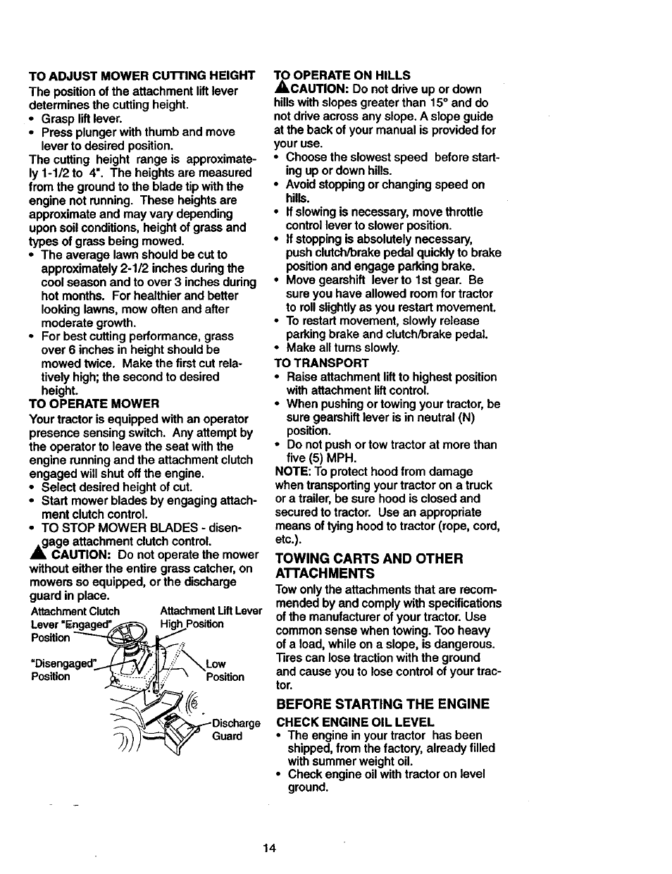 Towing carts and other attachments, Before starting the engine | Craftsman 917.270770 User Manual | Page 14 / 60
