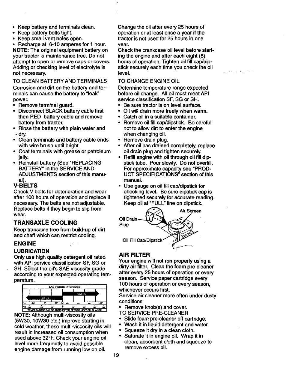 V-belts, Transaxle cooling, Engine | Craftsman 917.270770 User Manual | Page 19 / 60