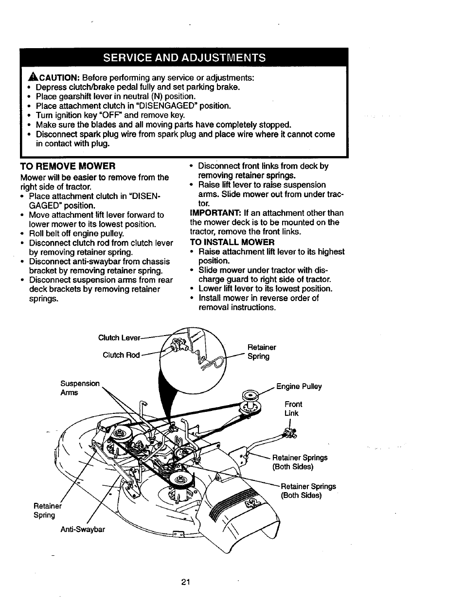 Service and adjustments, To remove mower | Craftsman 917.270770 User Manual | Page 21 / 60