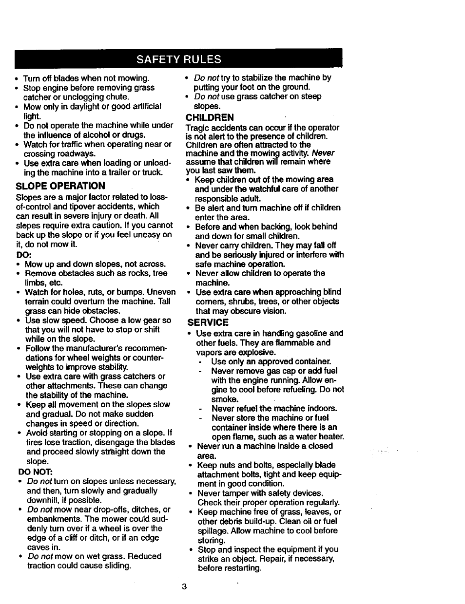 Slope operation, Children, Service | Craftsman 917.270770 User Manual | Page 3 / 60