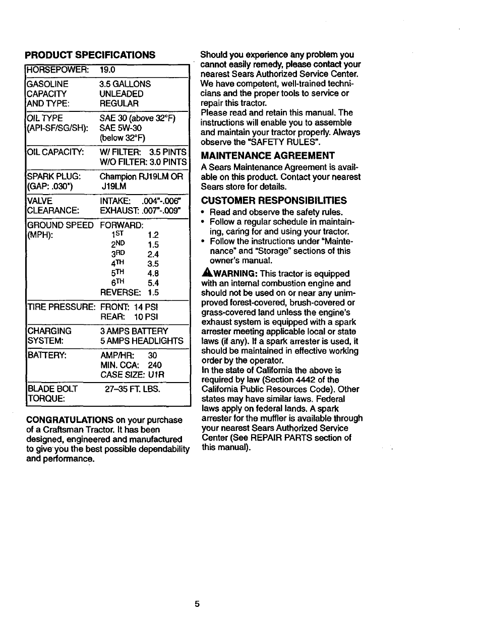 Maintenance agreement, Customer responsibilities, Product specifications | Craftsman 917.270770 User Manual | Page 5 / 60