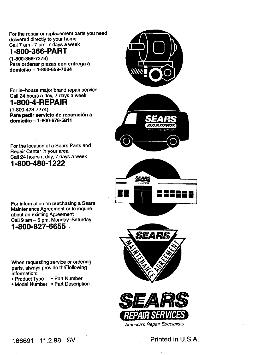 1 -800-366-part, 800-4-repair, Repair services | 166691 11.2.98 sv, Sears repair services | Craftsman 917.270770 User Manual | Page 60 / 60