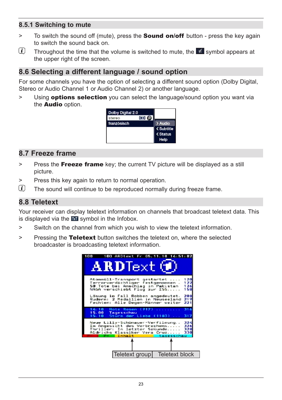 6 selecting a different language / sound option, 7 freeze frame, 8 teletext | TechniSat TechniStar K2 ISIO User Manual | Page 23 / 36