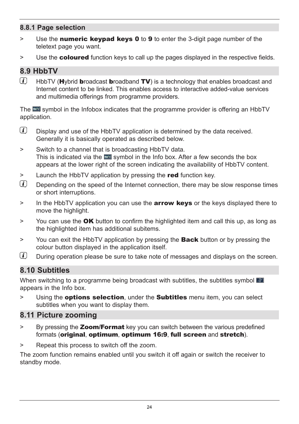 9 hbbtv, 10 subtitles, 11 picture zooming | TechniSat TechniStar K2 ISIO User Manual | Page 24 / 36