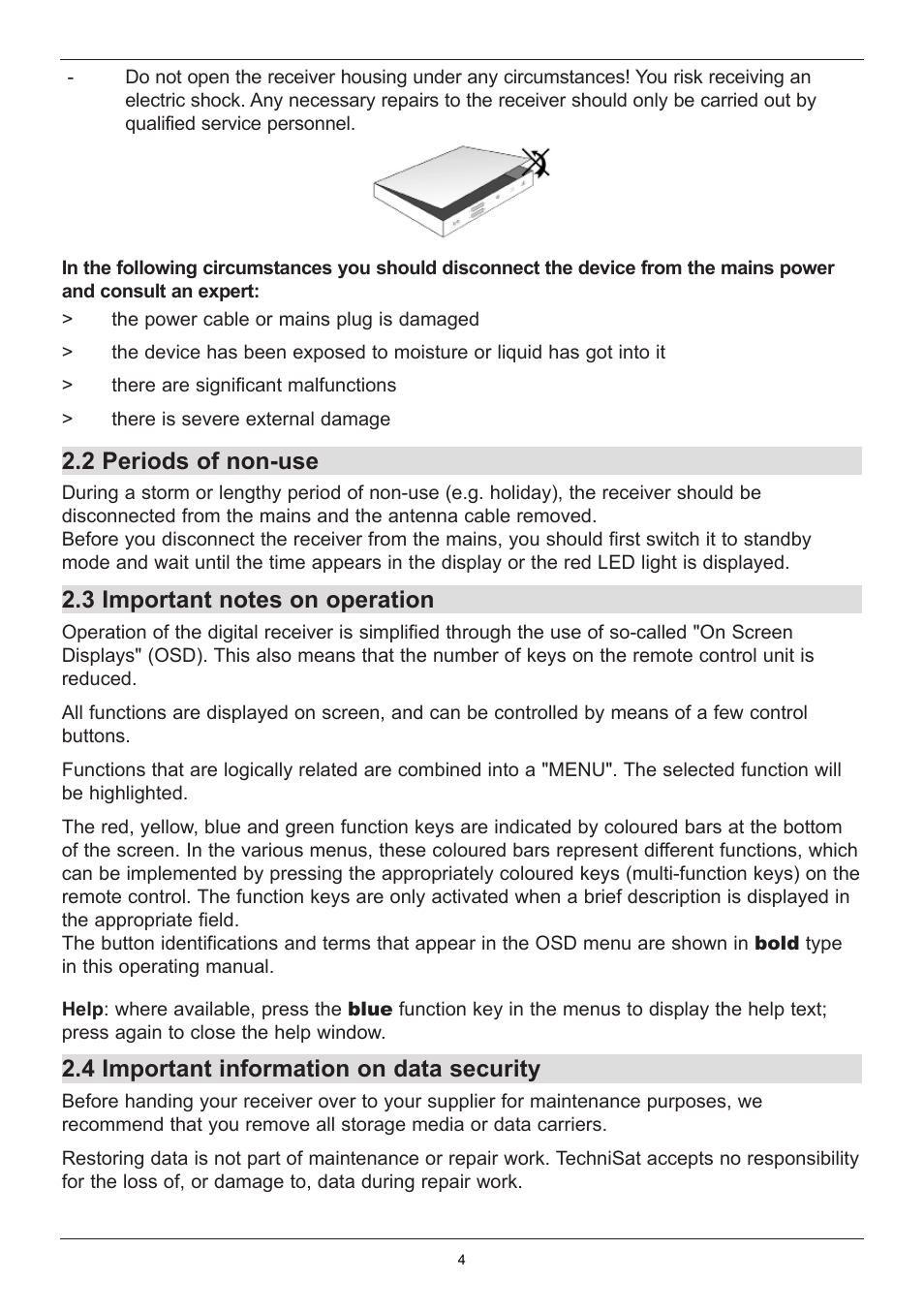 2 periods of non-use, 4 important information on data security | TechniSat TechniStar K2 ISIO User Manual | Page 4 / 36