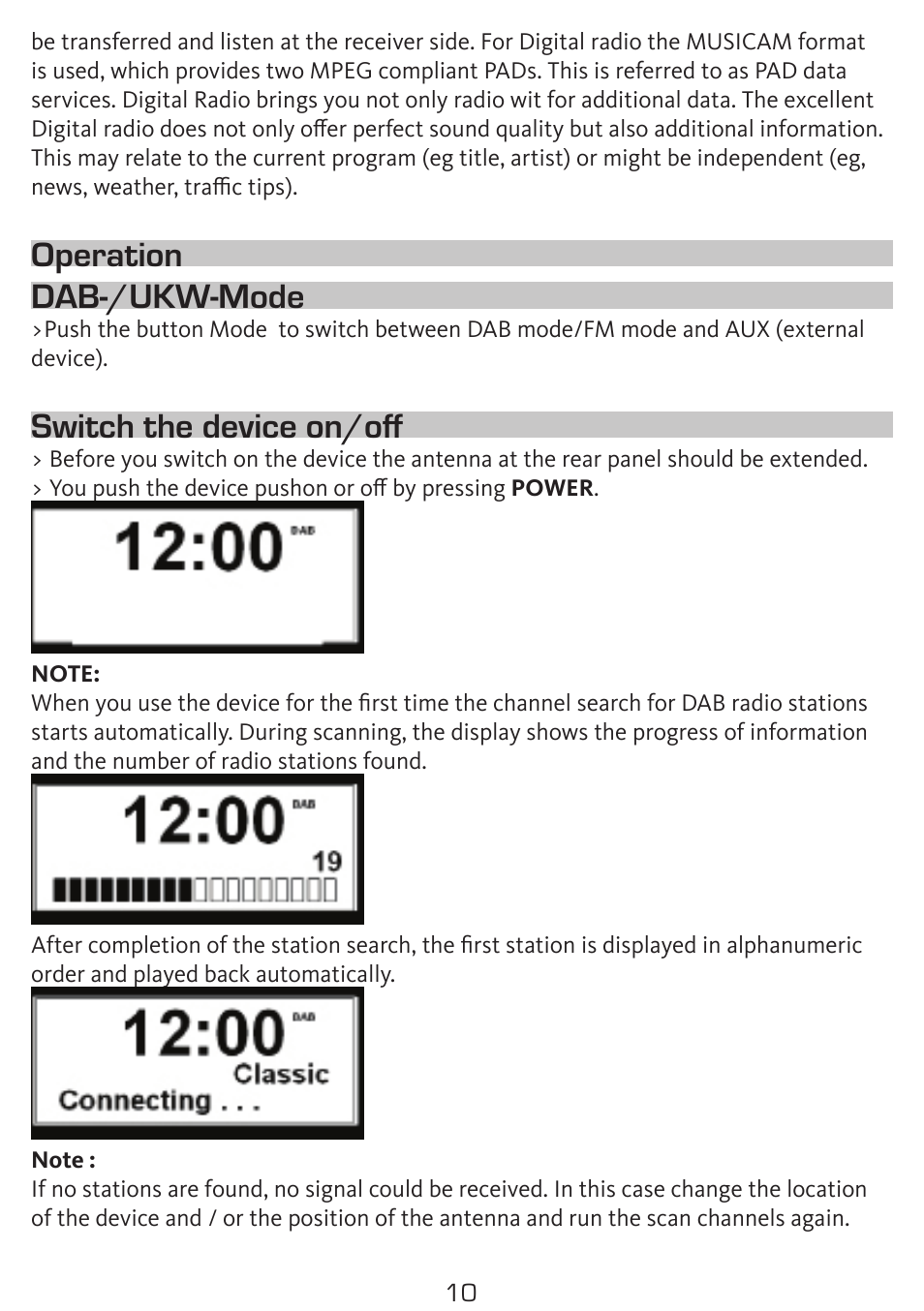 Operation dab-/ukw-mode, Switch the device on/off | TechniSat DigitRadio 300 User Manual | Page 10 / 20