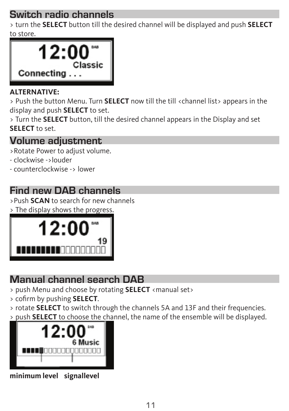 Switch radio channels, Volume adjustment, Find new dab channels | Manual channel search dab | TechniSat DigitRadio 300 User Manual | Page 11 / 20