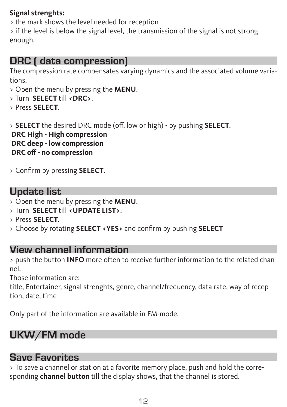 Drc ( data compression), Update list, View channel information | Ukw/fm mode save favorites | TechniSat DigitRadio 300 User Manual | Page 12 / 20