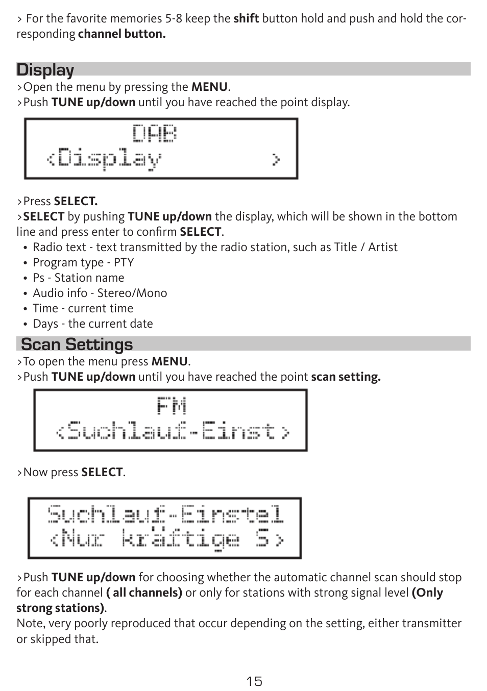 Display, Scan settings | TechniSat DigitRadio 300 User Manual | Page 15 / 20