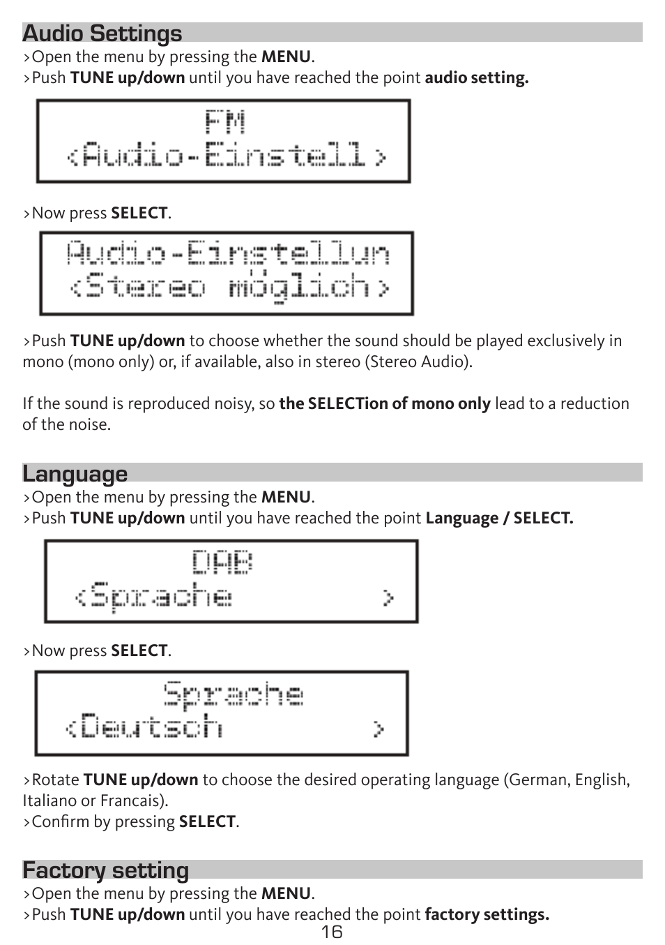 Audio settings, Language, Factory setting | TechniSat DigitRadio 300 User Manual | Page 16 / 20