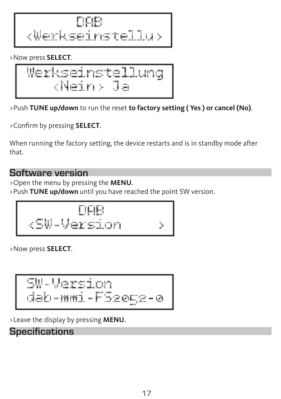 Software version, Specifications | TechniSat DigitRadio 300 User Manual | Page 17 / 20