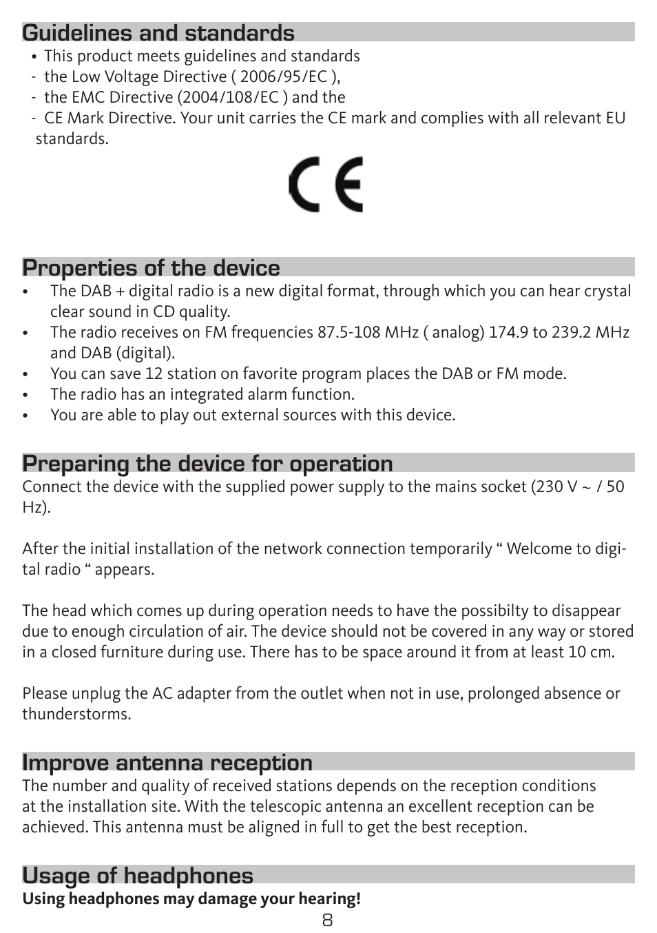 Guidelines and standards, Properties of the device, Preparing the device for operation | Improve antenna reception, Usage of headphones | TechniSat DigitRadio 300 User Manual | Page 8 / 20
