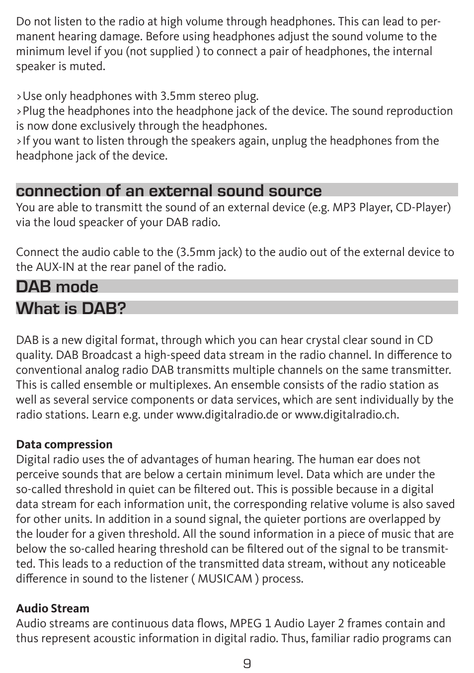 Connection of an external sound source, Dab mode what is dab | TechniSat DigitRadio 300 User Manual | Page 9 / 20