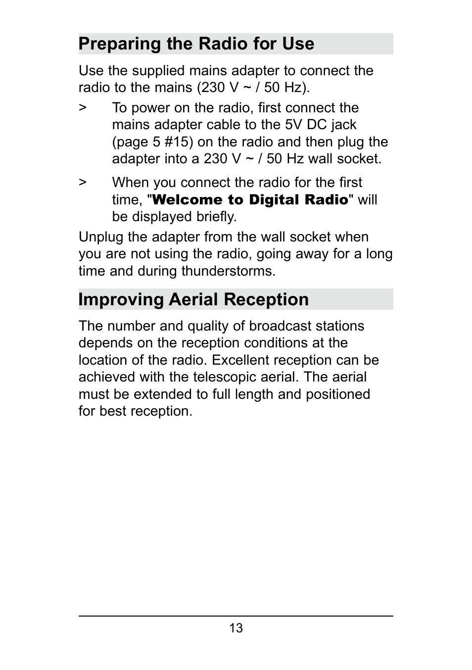 Preparing the radio for use, Improving aerial reception | TechniSat DigitRadio 250 User Manual | Page 13 / 32