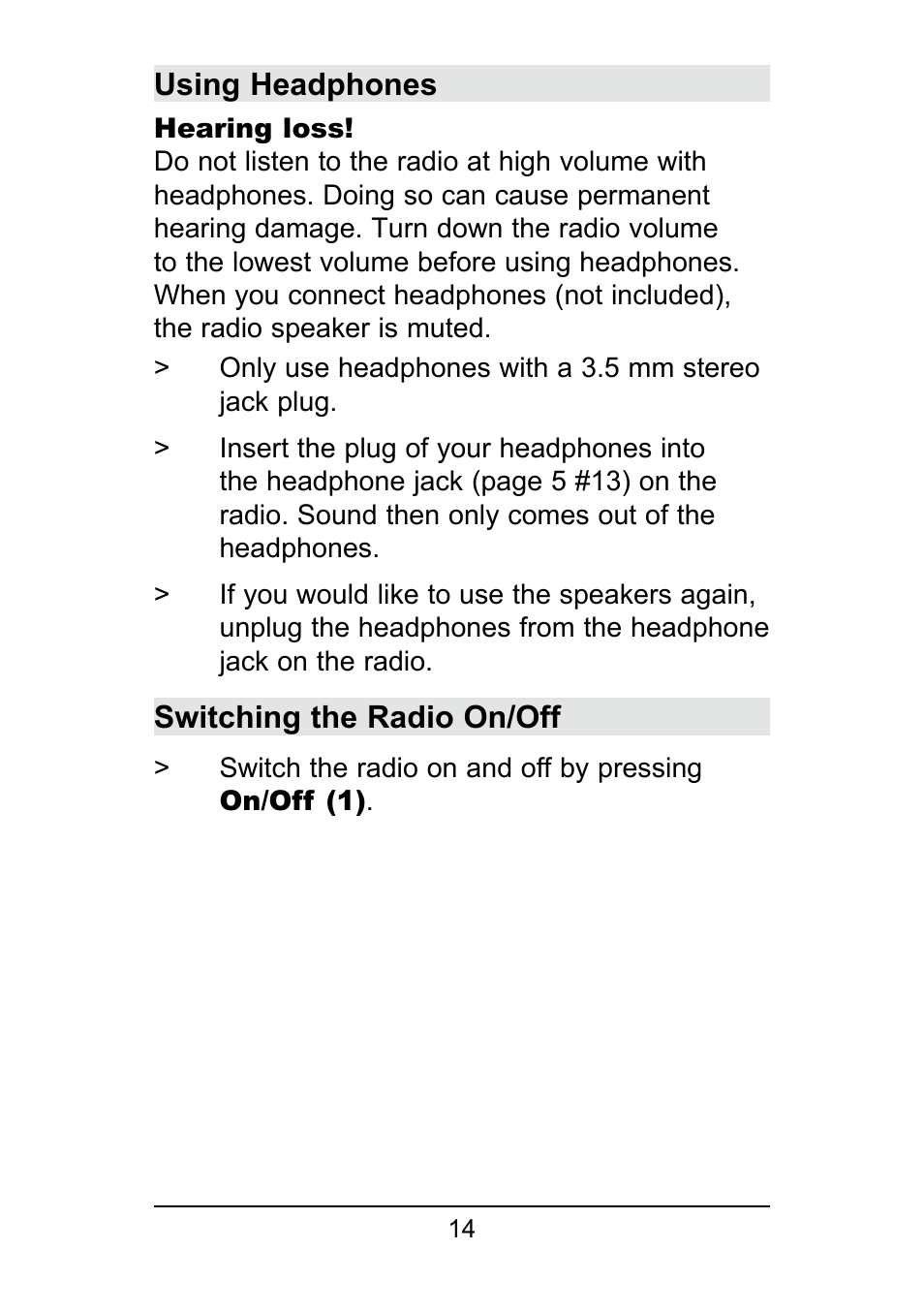 Using headphones, Switching the radio on/off | TechniSat DigitRadio 250 User Manual | Page 14 / 32