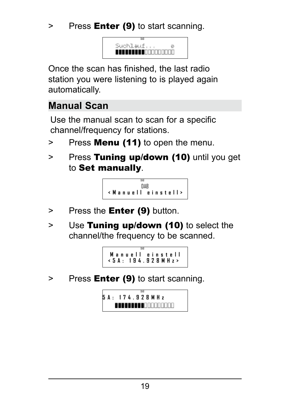 Manual scan, Press enter (9) to start scanning | TechniSat DigitRadio 250 User Manual | Page 19 / 32